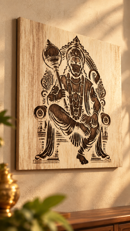 Lord Hanuman Wooden Wall Art – Premium Laminated MDF Spiritual Wall Décor | Intricate Engraved Design | 3 mm