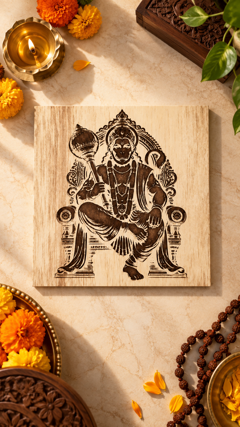 Lord Hanuman Wooden Wall Art – Premium Laminated MDF Spiritual Wall Décor | Intricate Engraved Design | 3 mm