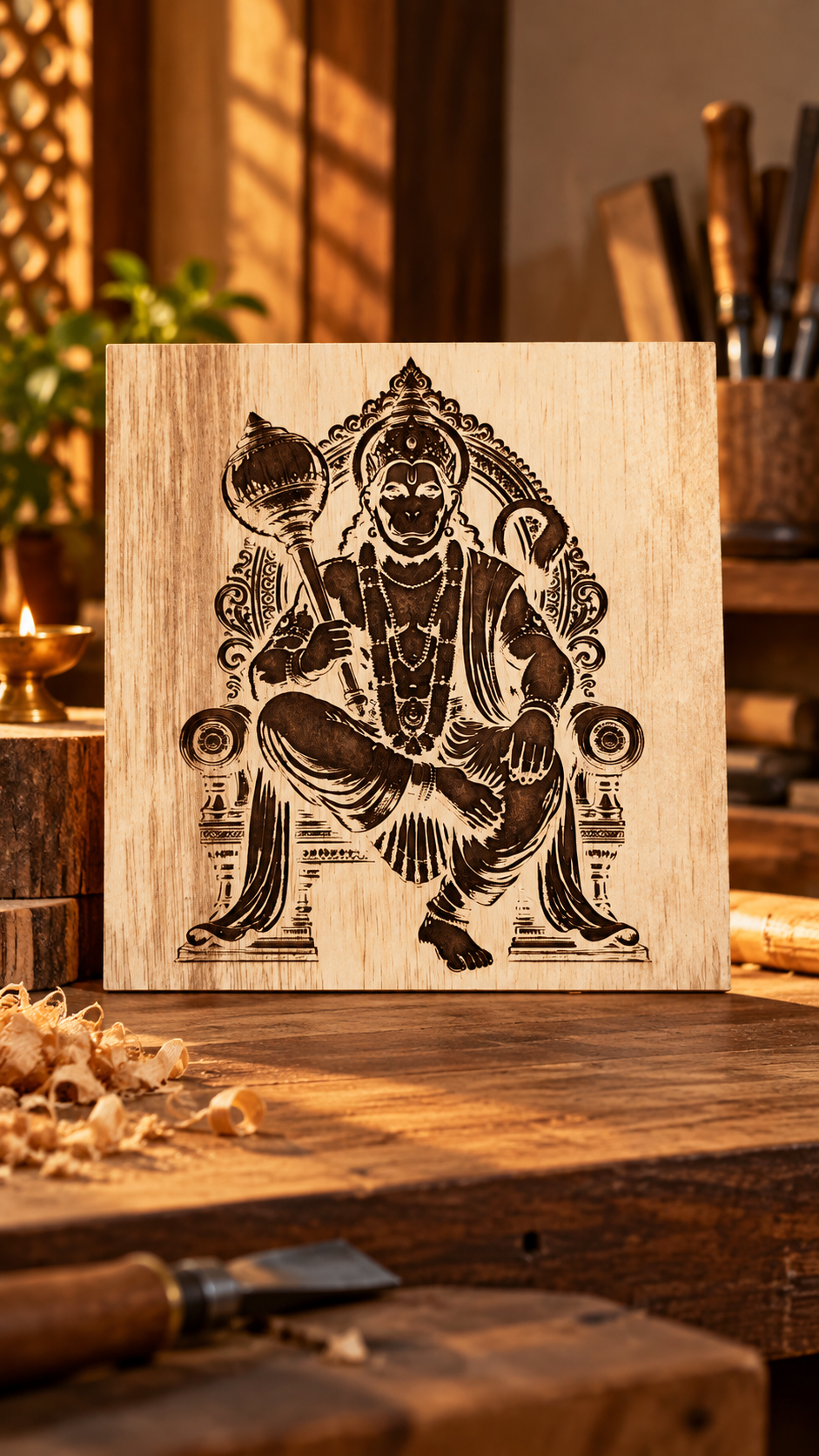 Lord Hanuman Wooden Wall Art – Premium Laminated MDF Spiritual Wall Décor | Intricate Engraved Design | 3 mm
