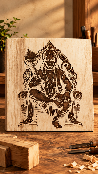 Lord Hanuman Wooden Wall Art – Premium Laminated MDF Spiritual Wall Décor | Intricate Engraved Design | 3 mm