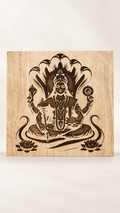 Lord Vishnu Wooden Wall Art – Premium Laminated MDF Spiritual Wall Décor with Sheshnag Design | 3 mm