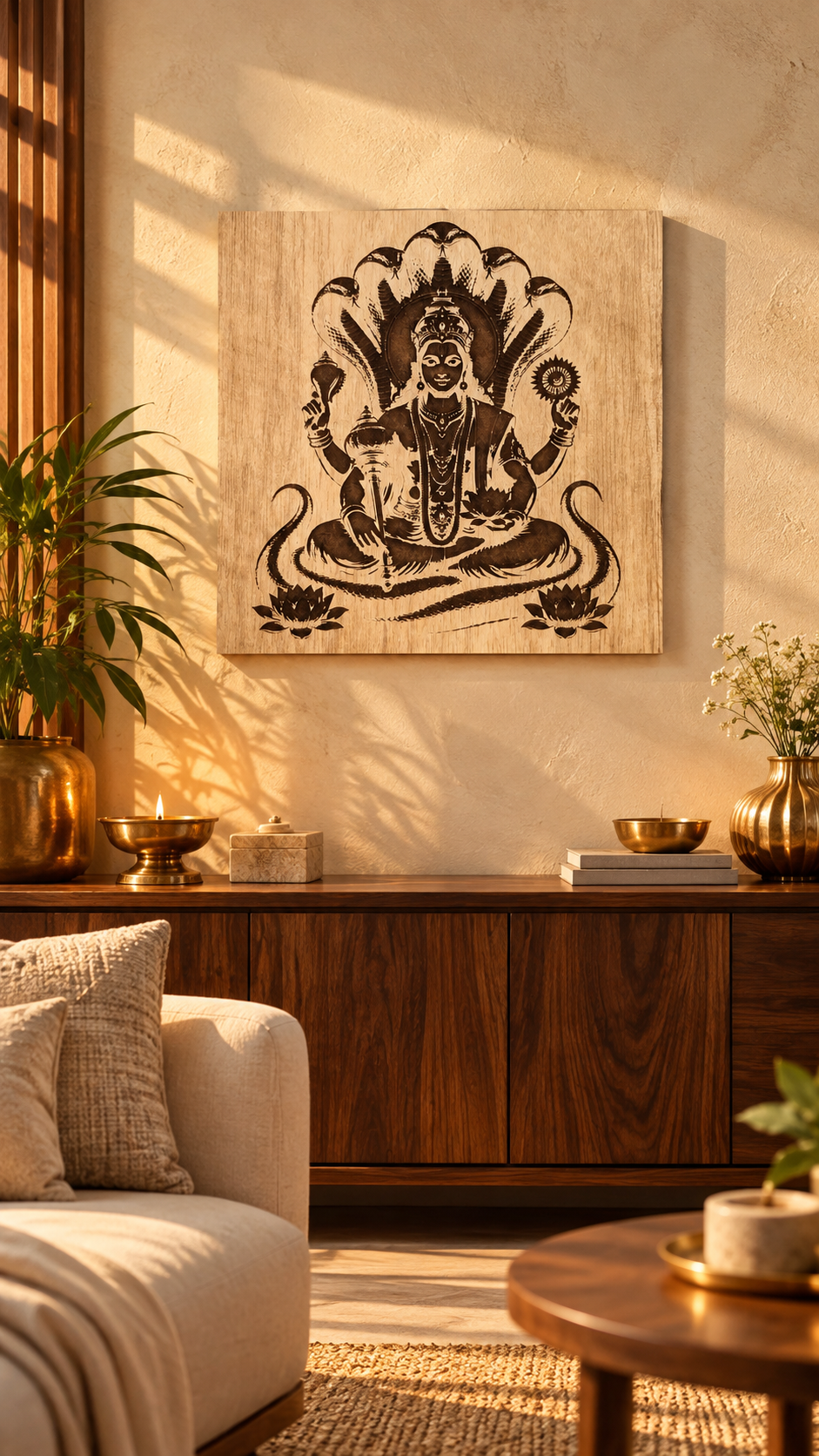 Lord Vishnu Wooden Wall Art – Premium Laminated MDF Spiritual Wall Décor with Sheshnag Design | 3 mm