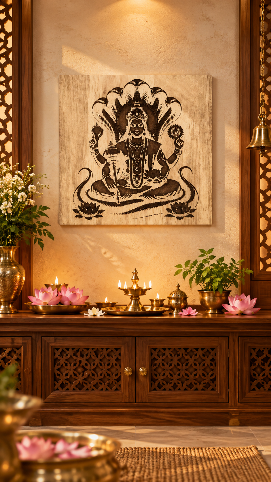 Lord Vishnu Wooden Wall Art – Premium Laminated MDF Spiritual Wall Décor with Sheshnag Design | 3 mm