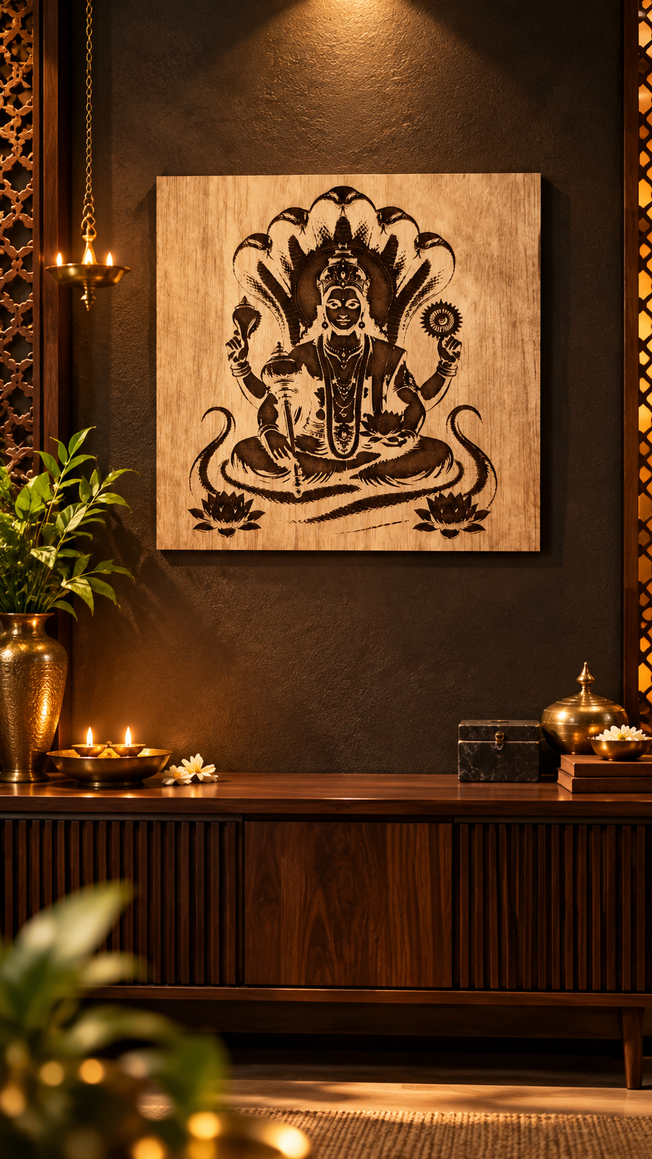 Lord Vishnu Wooden Wall Art – Premium Laminated MDF Spiritual Wall Décor with Sheshnag Design | 3 mm