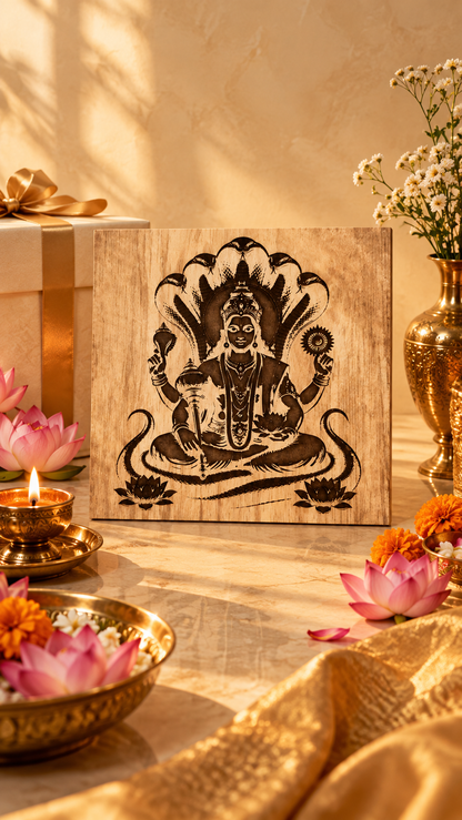 Lord Vishnu Wooden Wall Art – Premium Laminated MDF Spiritual Wall Décor with Sheshnag Design | 3 mm