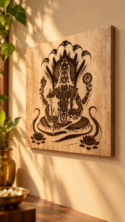 Lord Vishnu Wooden Wall Art – Premium Laminated MDF Spiritual Wall Décor with Sheshnag Design | 3 mm