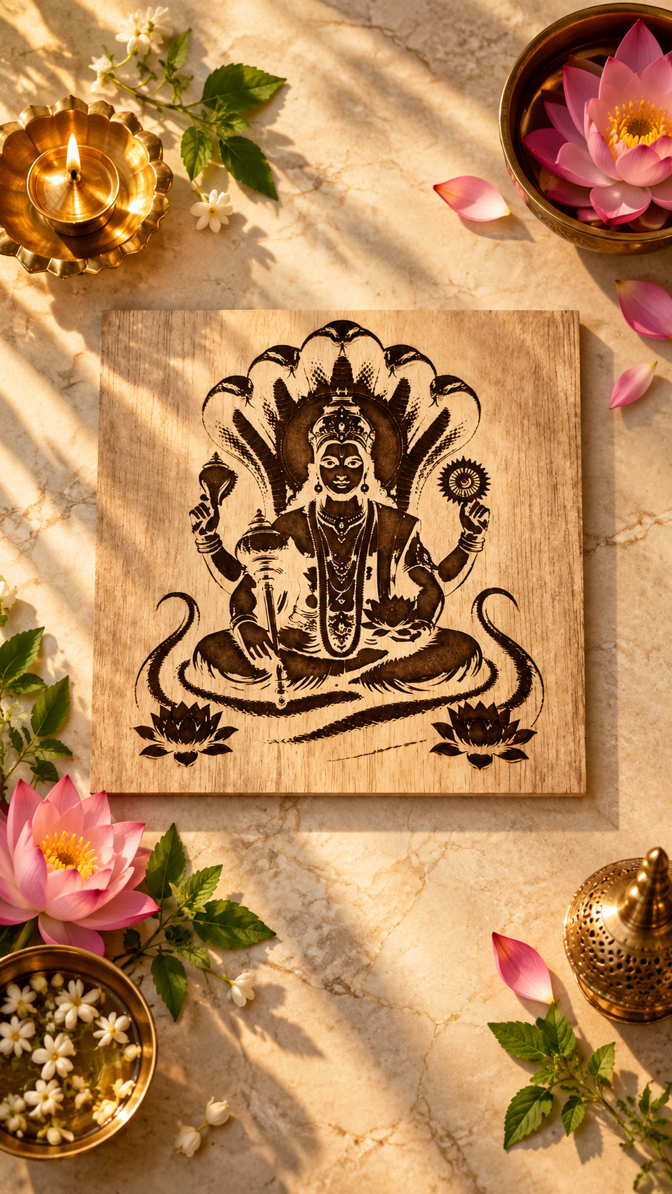 Lord Vishnu Wooden Wall Art – Premium Laminated MDF Spiritual Wall Décor with Sheshnag Design | 3 mm