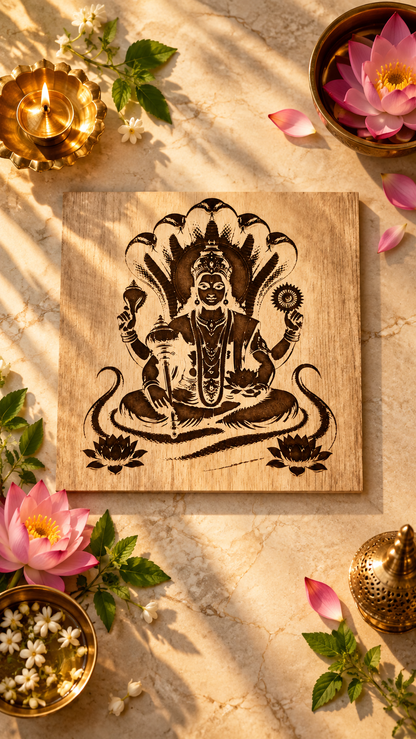 Lord Vishnu Wooden Wall Art – Premium Laminated MDF Spiritual Wall Décor with Sheshnag Design | 3 mm