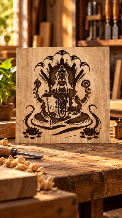 Lord Vishnu Wooden Wall Art – Premium Laminated MDF Spiritual Wall Décor with Sheshnag Design | 3 mm