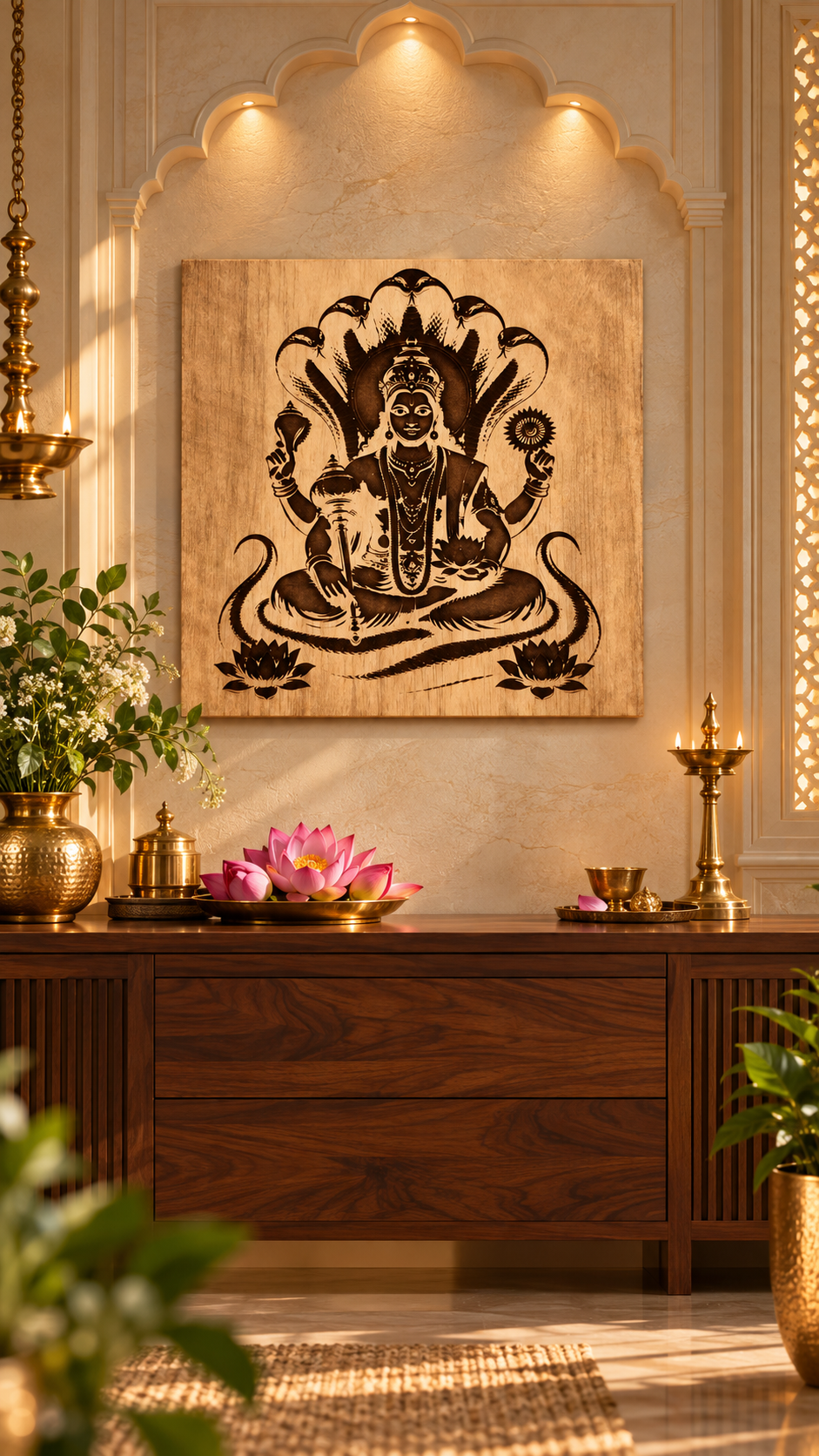 Lord Vishnu Wooden Wall Art – Premium Laminated MDF Spiritual Wall Décor with Sheshnag Design | 3 mm