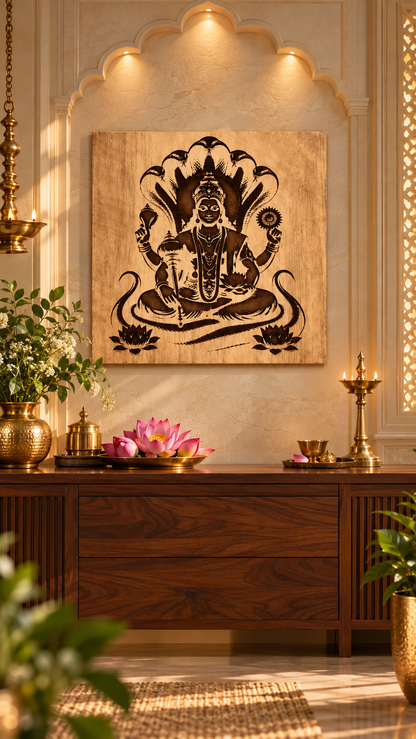 Lord Vishnu Wooden Wall Art – Premium Laminated MDF Spiritual Wall Décor with Sheshnag Design | 3 mm