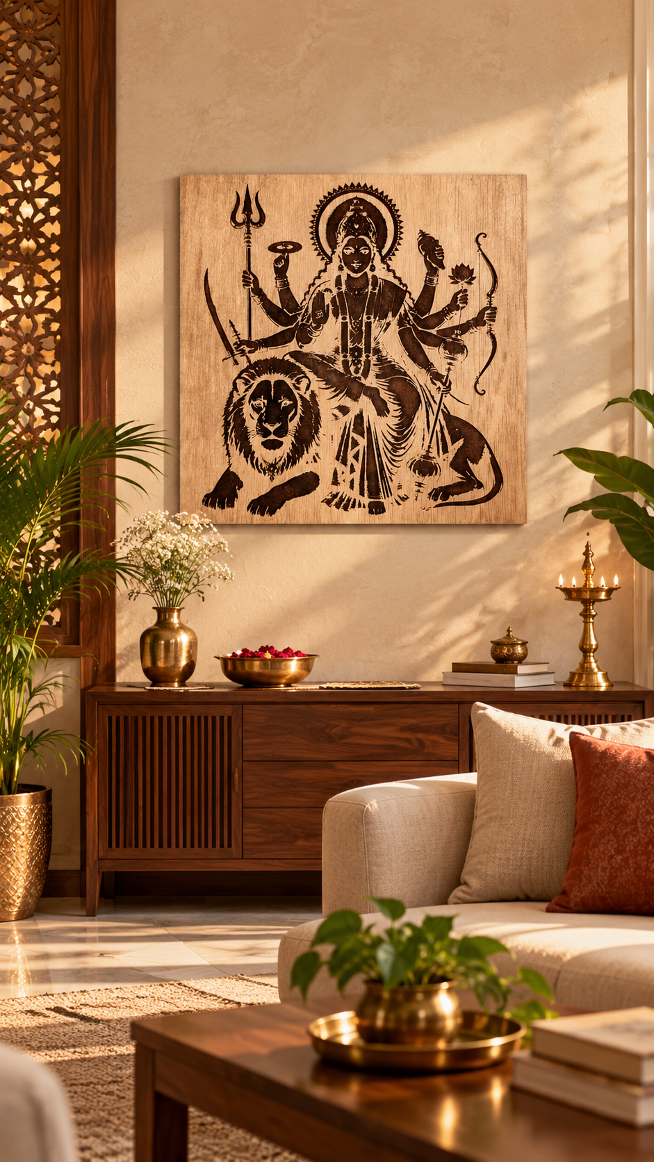 Maa Durga Wooden Wall Art – Premium Laminated MDF Goddess Durga with Lion | Hindu God Wall Décor | 3 mm