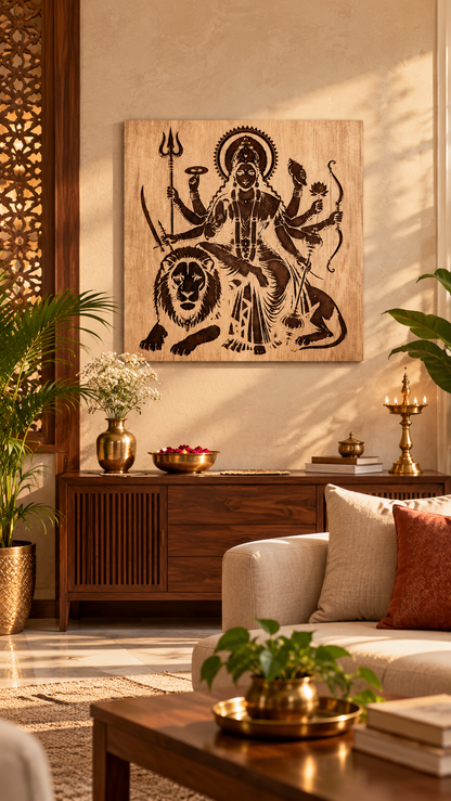 Maa Durga Wooden Wall Art – Premium Laminated MDF Goddess Durga with Lion | Hindu God Wall Décor | 3 mm