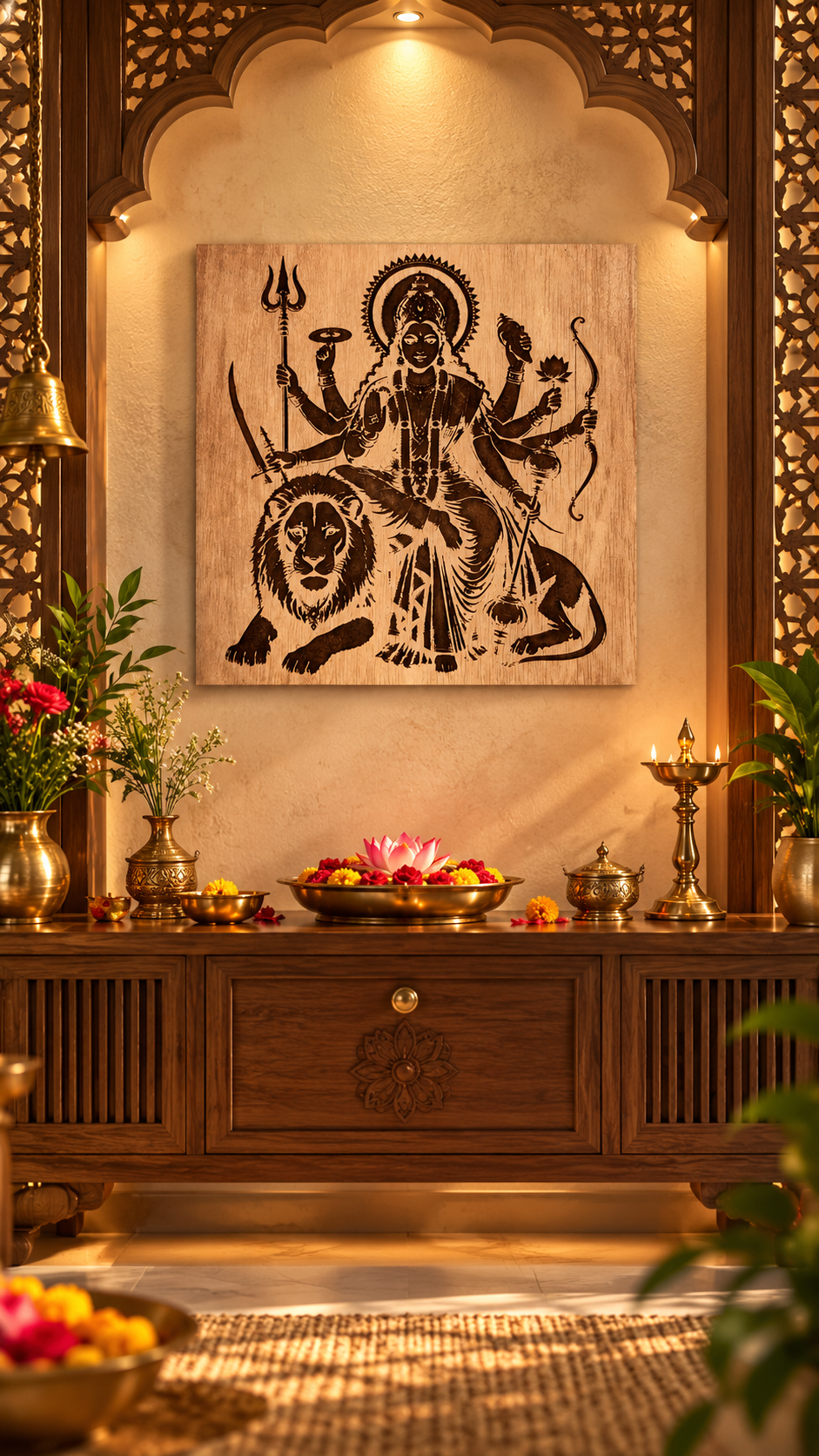 Maa Durga Wooden Wall Art – Premium Laminated MDF Goddess Durga with Lion | Hindu God Wall Décor | 3 mm