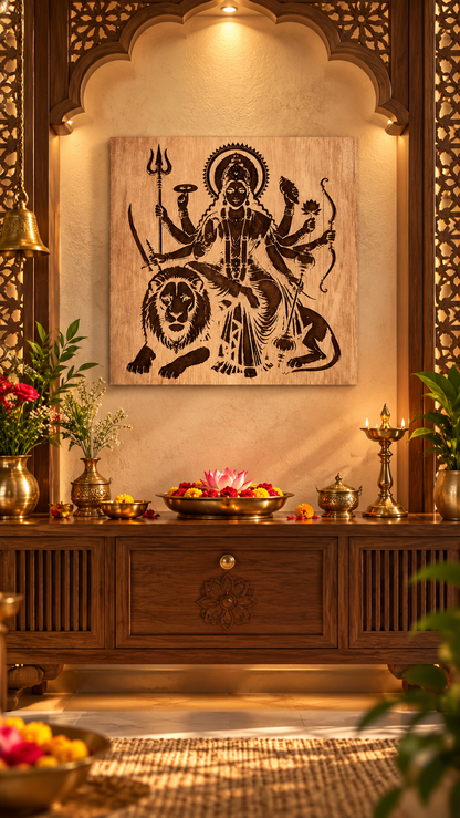 Maa Durga Wooden Wall Art – Premium Laminated MDF Goddess Durga with Lion | Hindu God Wall Décor | 3 mm