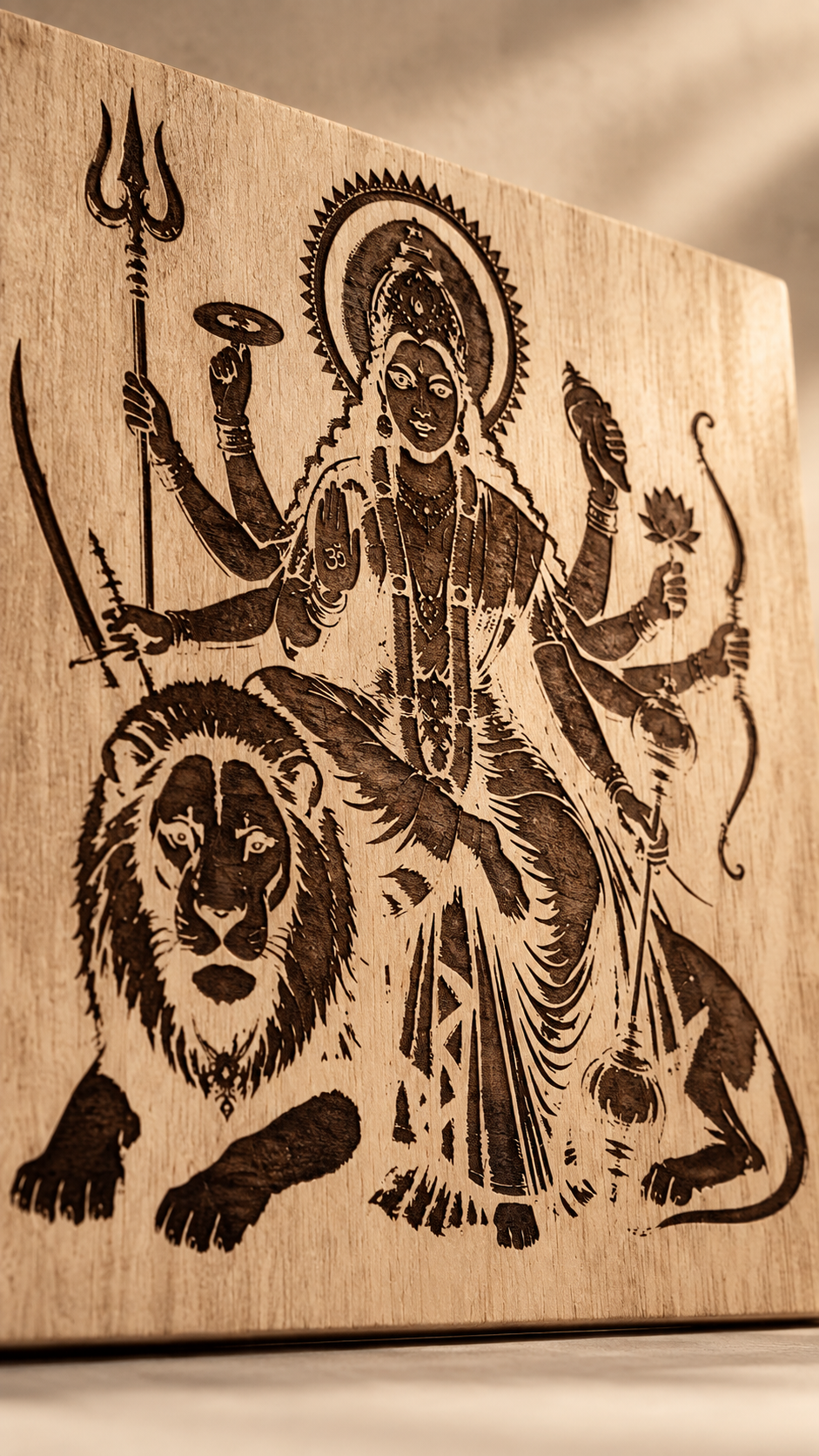 Maa Durga Wooden Wall Art – Premium Laminated MDF Goddess Durga with Lion | Hindu God Wall Décor | 3 mm