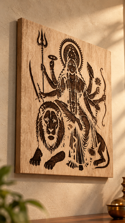 Maa Durga Wooden Wall Art – Premium Laminated MDF Goddess Durga with Lion | Hindu God Wall Décor | 3 mm