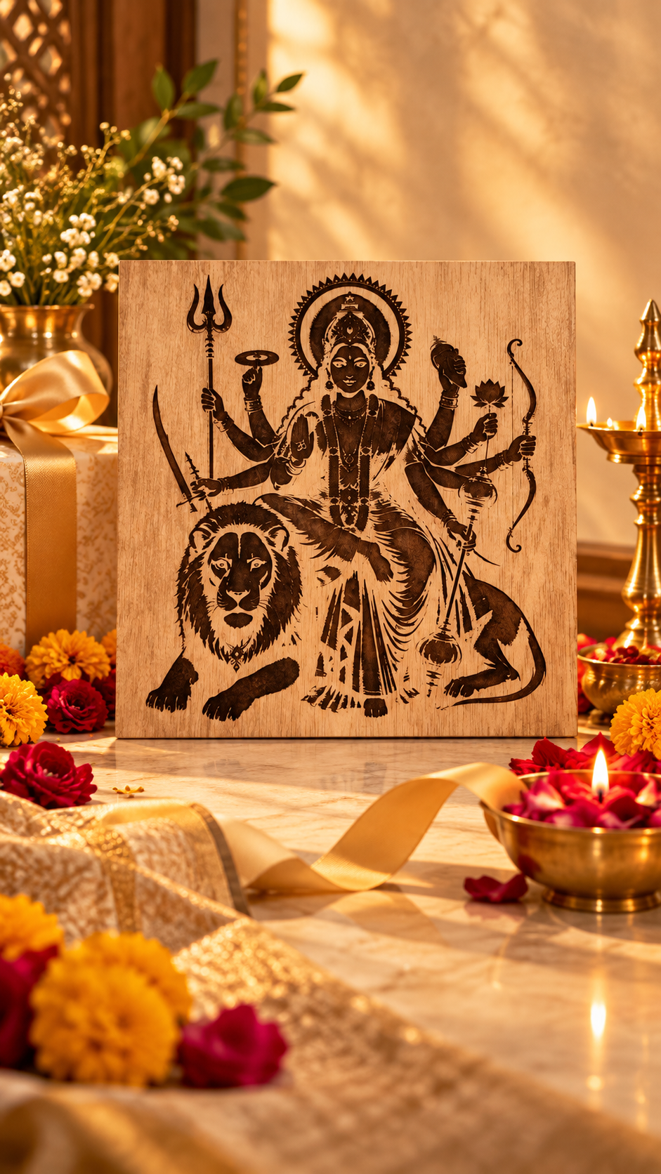 Maa Durga Wooden Wall Art – Premium Laminated MDF Goddess Durga with Lion | Hindu God Wall Décor | 3 mm