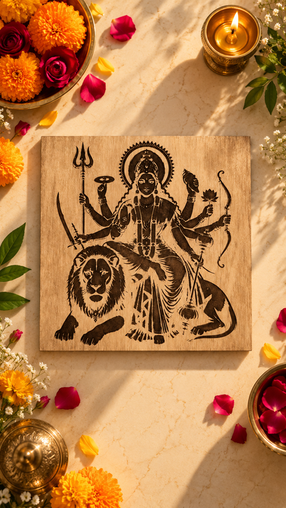 Maa Durga Wooden Wall Art – Premium Laminated MDF Goddess Durga with Lion | Hindu God Wall Décor | 3 mm