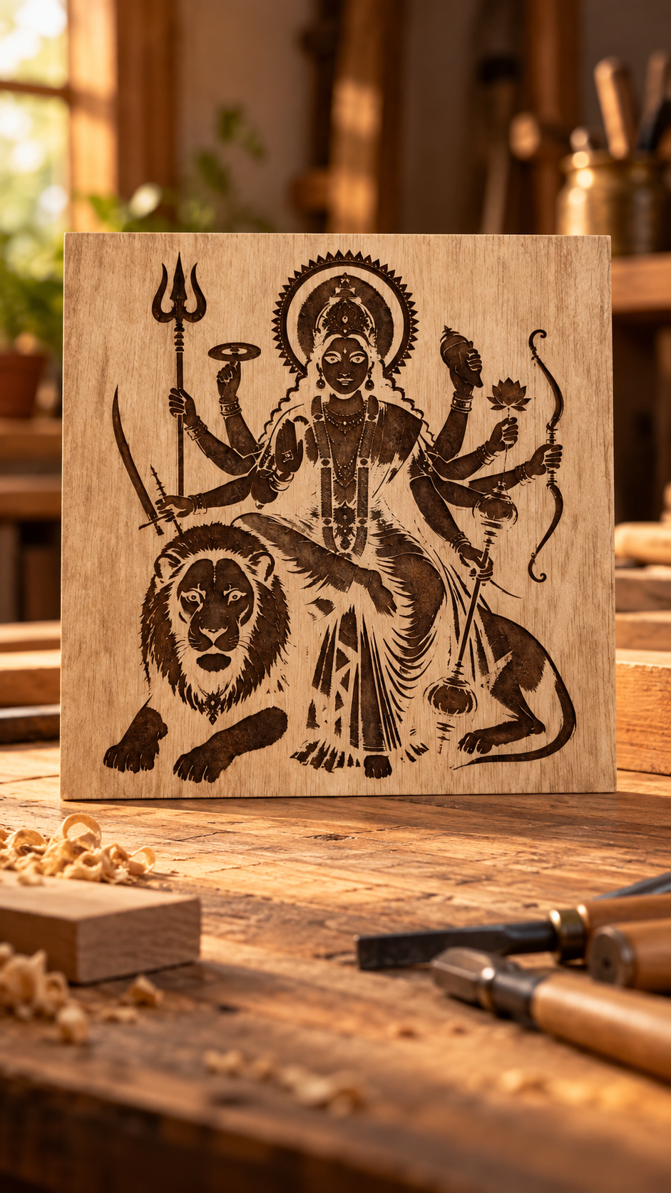 Maa Durga Wooden Wall Art – Premium Laminated MDF Goddess Durga with Lion | Hindu God Wall Décor | 3 mm
