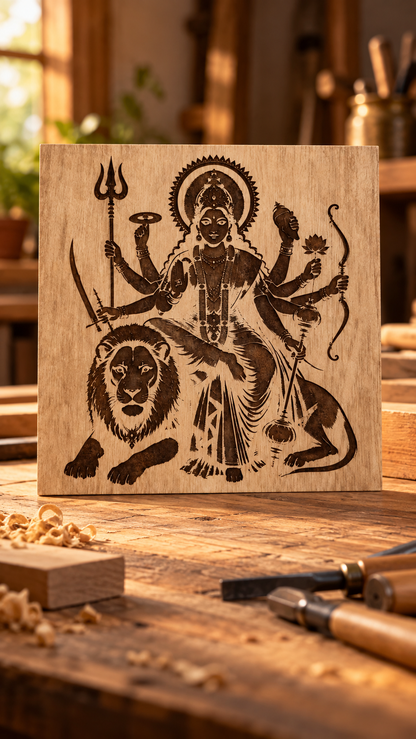 Maa Durga Wooden Wall Art – Premium Laminated MDF Goddess Durga with Lion | Hindu God Wall Décor | 3 mm