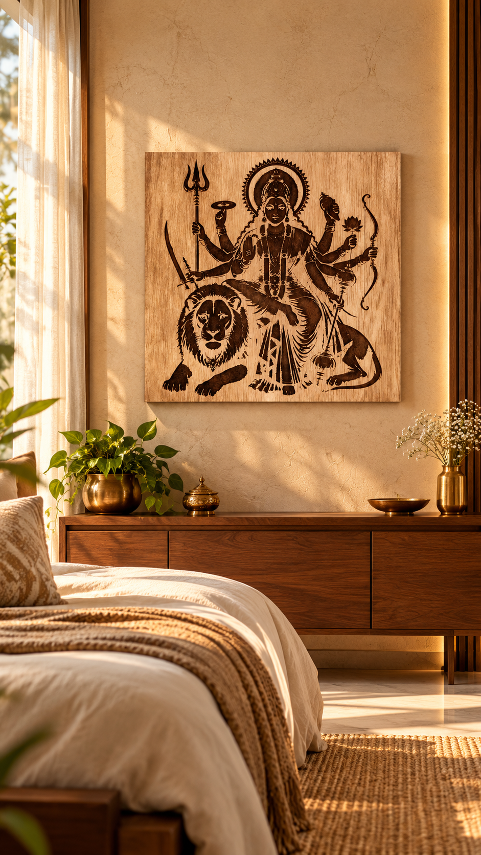 Maa Durga Wooden Wall Art – Premium Laminated MDF Goddess Durga with Lion | Hindu God Wall Décor | 3 mm