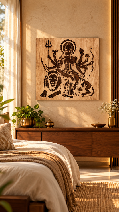 Maa Durga Wooden Wall Art – Premium Laminated MDF Goddess Durga with Lion | Hindu God Wall Décor | 3 mm