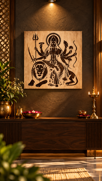 Maa Durga Wooden Wall Art – Premium Laminated MDF Goddess Durga with Lion | Hindu God Wall Décor | 3 mm