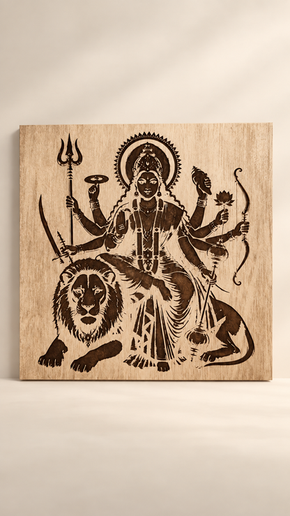 Maa Durga Wooden Wall Art – Premium Laminated MDF Goddess Durga with Lion | Hindu God Wall Décor | 3 mm