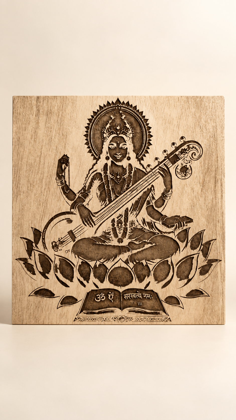 Maa Saraswati Wooden Wall Art – Premium Laminated MDF Goddess Saraswati with Veena, Lotus & Sacred Scripture | 3 mm