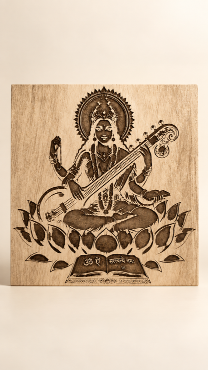 Maa Saraswati Wooden Wall Art – Premium Laminated MDF Goddess Saraswati with Veena, Lotus & Sacred Scripture | 3 mm