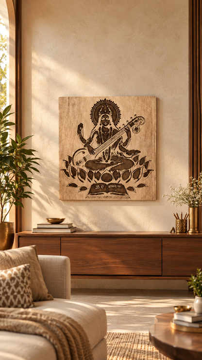 Maa Saraswati Wooden Wall Art – Premium Laminated MDF Goddess Saraswati with Veena, Lotus & Sacred Scripture | 3 mm