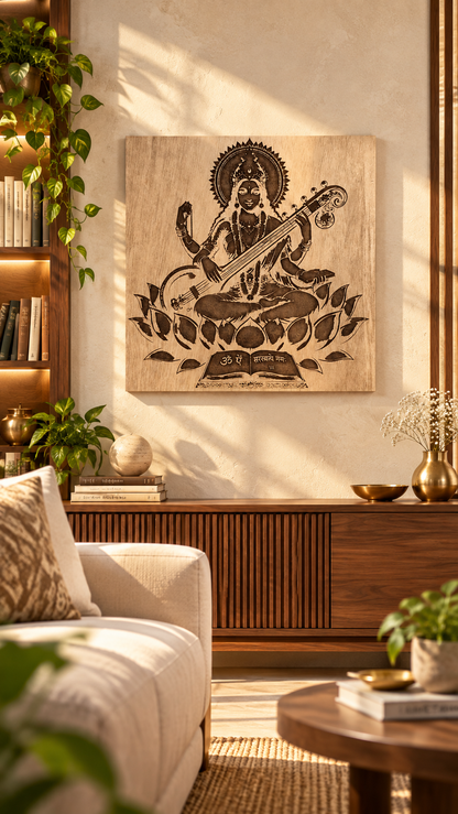 Maa Saraswati Wooden Wall Art – Premium Laminated MDF Goddess Saraswati with Veena, Lotus & Sacred Scripture | 3 mm