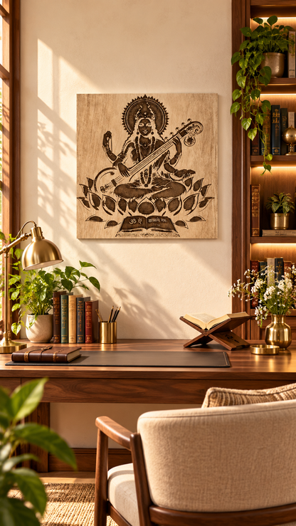 Maa Saraswati Wooden Wall Art – Premium Laminated MDF Goddess Saraswati with Veena, Lotus & Sacred Scripture | 3 mm