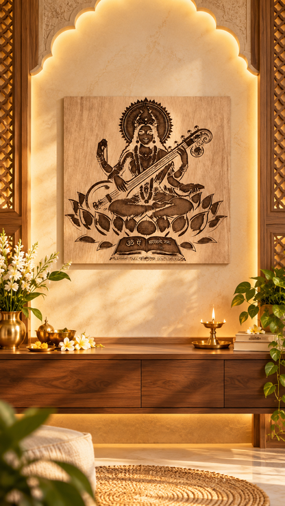 Maa Saraswati Wooden Wall Art – Premium Laminated MDF Goddess Saraswati with Veena, Lotus & Sacred Scripture | 3 mm
