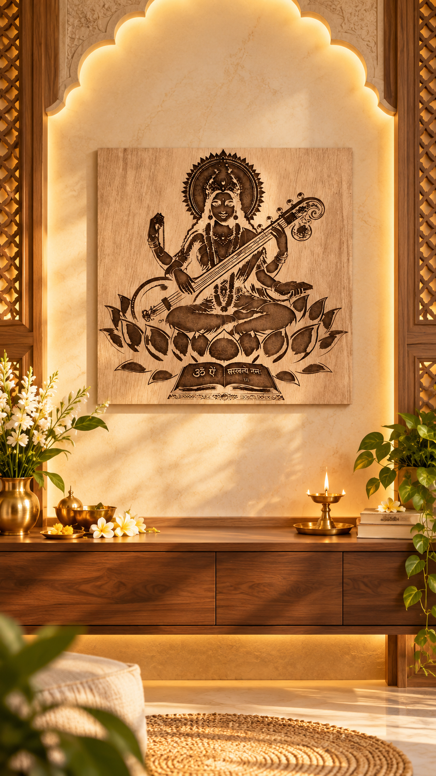 Maa Saraswati Wooden Wall Art – Premium Laminated MDF Goddess Saraswati with Veena, Lotus & Sacred Scripture | 3 mm