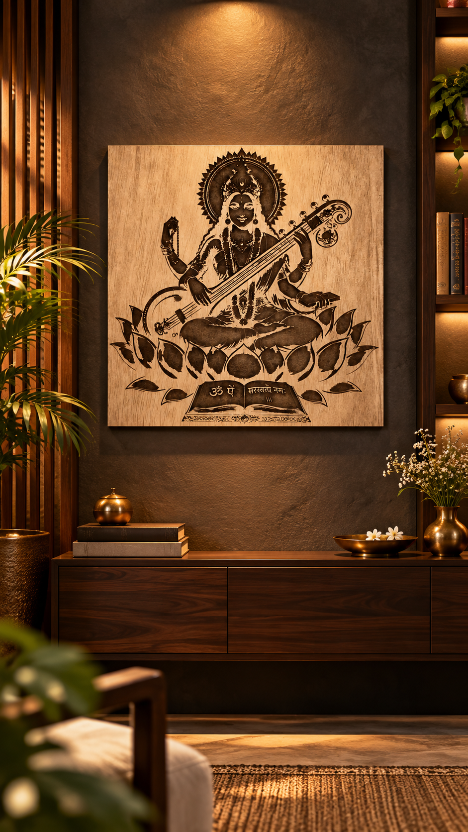 Maa Saraswati Wooden Wall Art – Premium Laminated MDF Goddess Saraswati with Veena, Lotus & Sacred Scripture | 3 mm