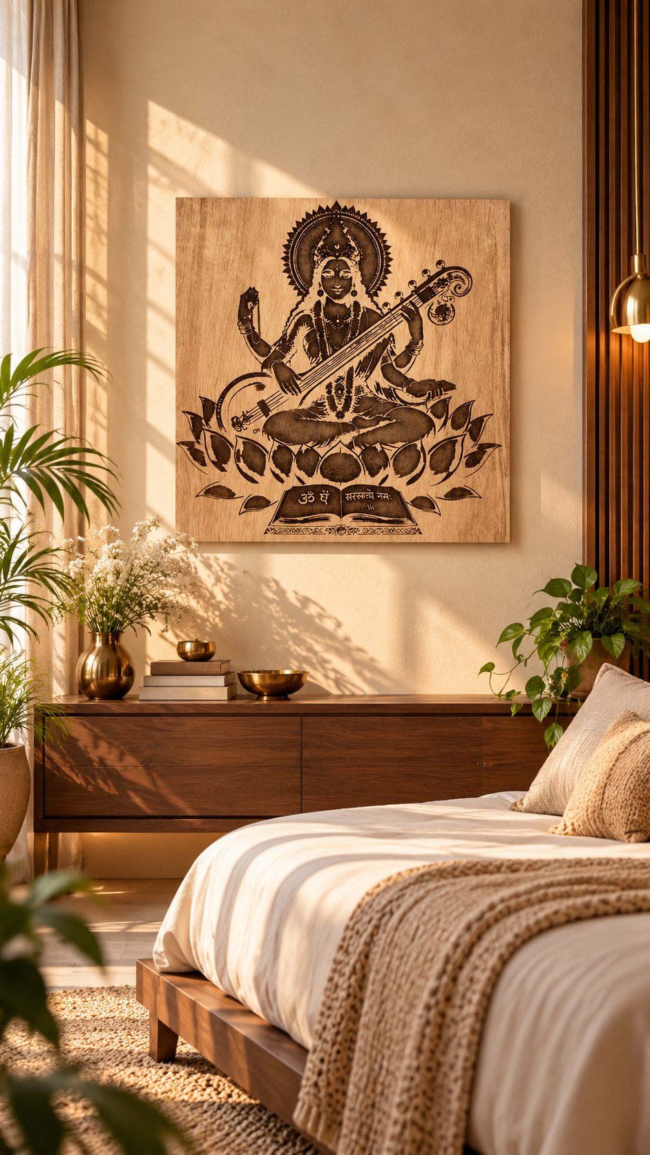 Maa Saraswati Wooden Wall Art – Premium Laminated MDF Goddess Saraswati with Veena, Lotus & Sacred Scripture | 3 mm