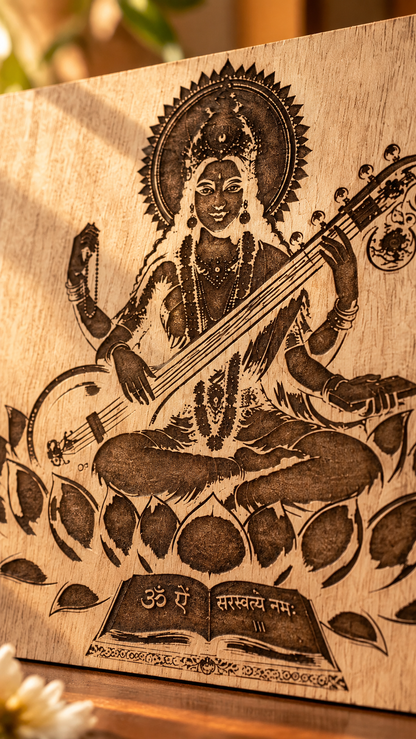 Maa Saraswati Wooden Wall Art – Premium Laminated MDF Goddess Saraswati with Veena, Lotus & Sacred Scripture | 3 mm