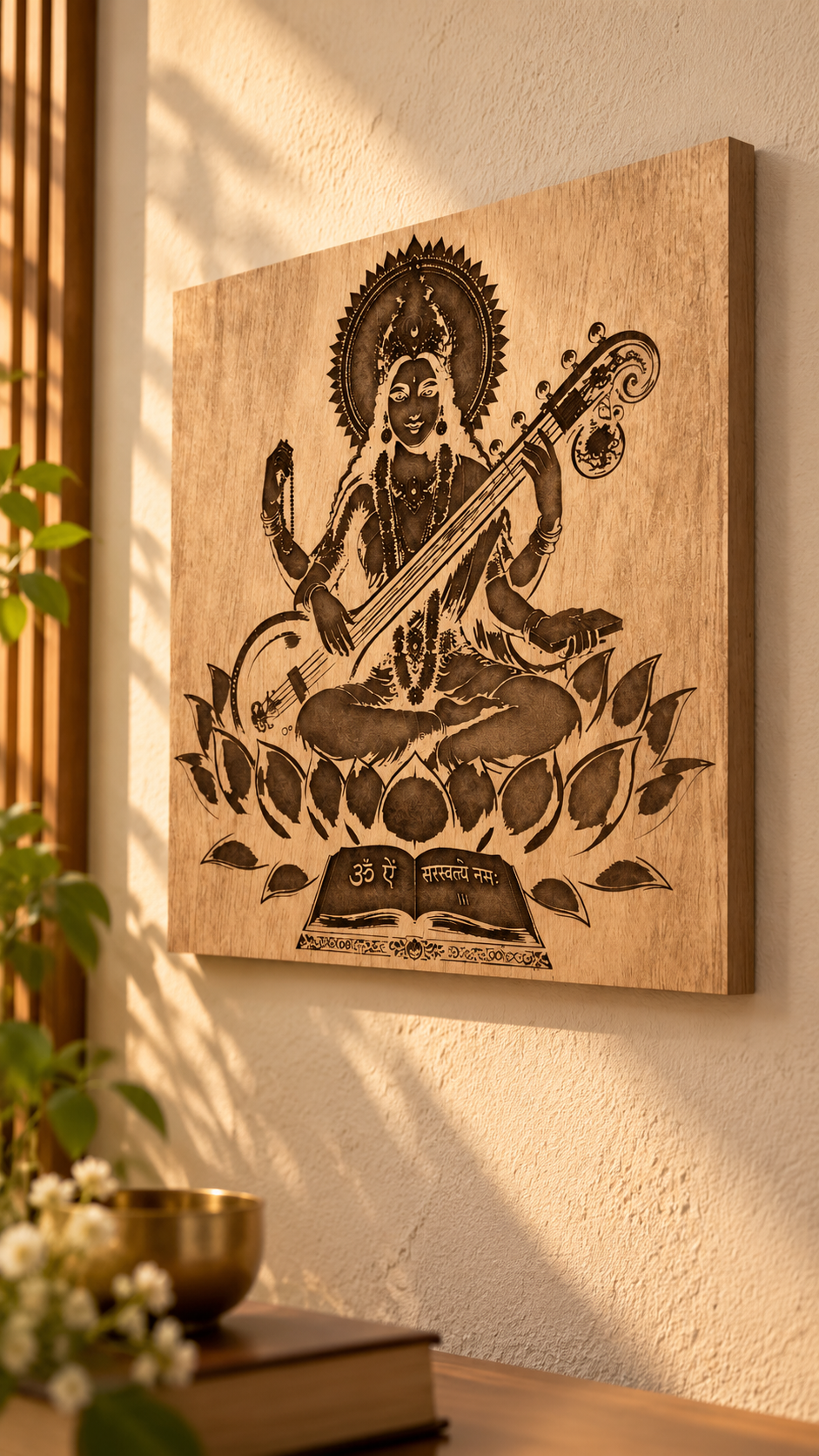 Maa Saraswati Wooden Wall Art – Premium Laminated MDF Goddess Saraswati with Veena, Lotus & Sacred Scripture | 3 mm