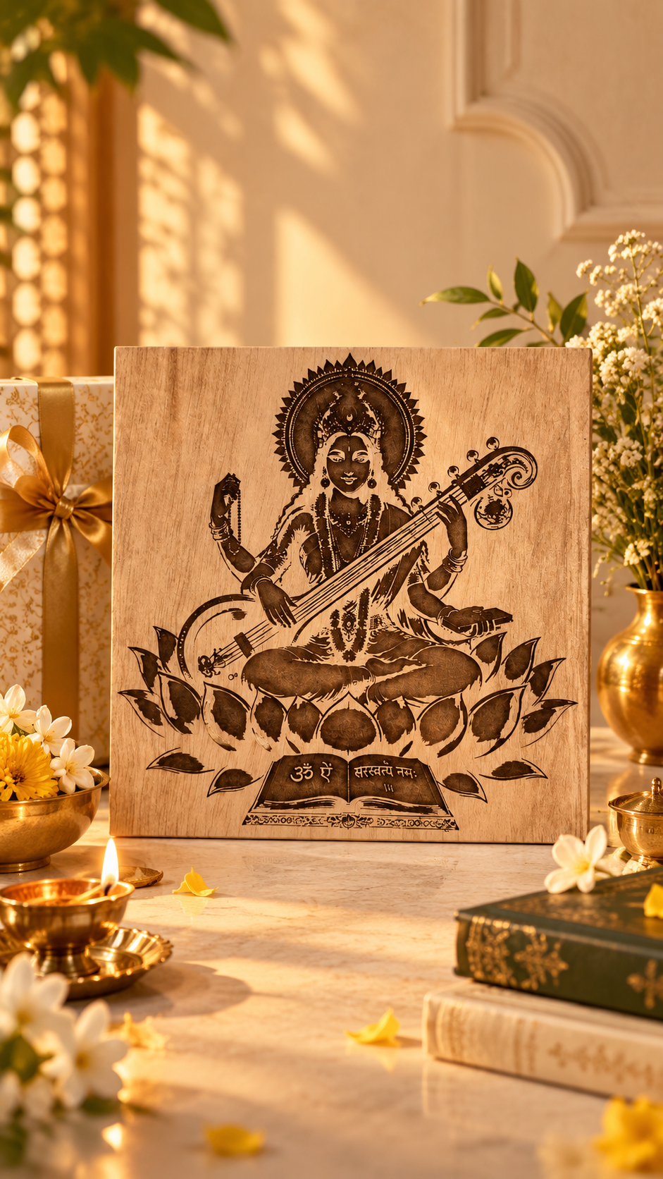 Maa Saraswati Wooden Wall Art – Premium Laminated MDF Goddess Saraswati with Veena, Lotus & Sacred Scripture | 3 mm