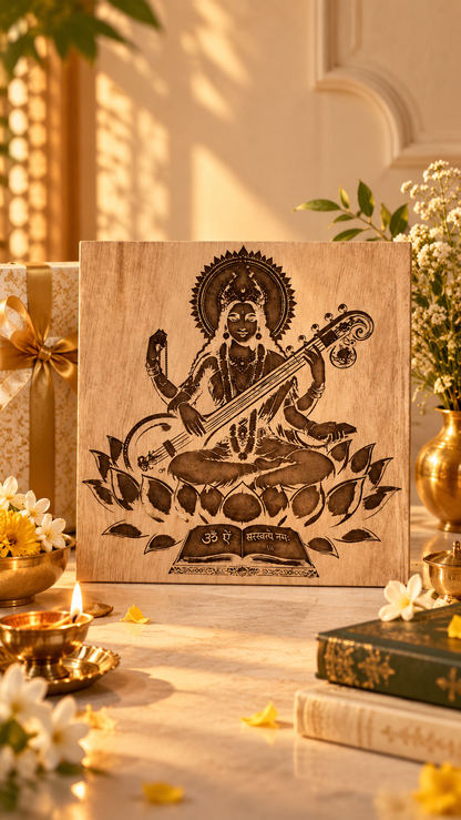 Maa Saraswati Wooden Wall Art – Premium Laminated MDF Goddess Saraswati with Veena, Lotus & Sacred Scripture | 3 mm