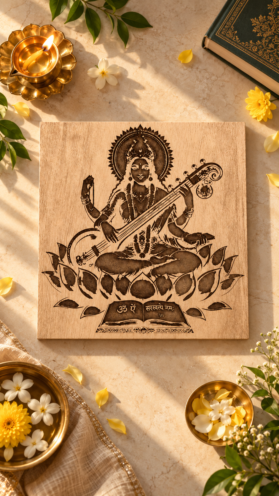 Maa Saraswati Wooden Wall Art – Premium Laminated MDF Goddess Saraswati with Veena, Lotus & Sacred Scripture | 3 mm