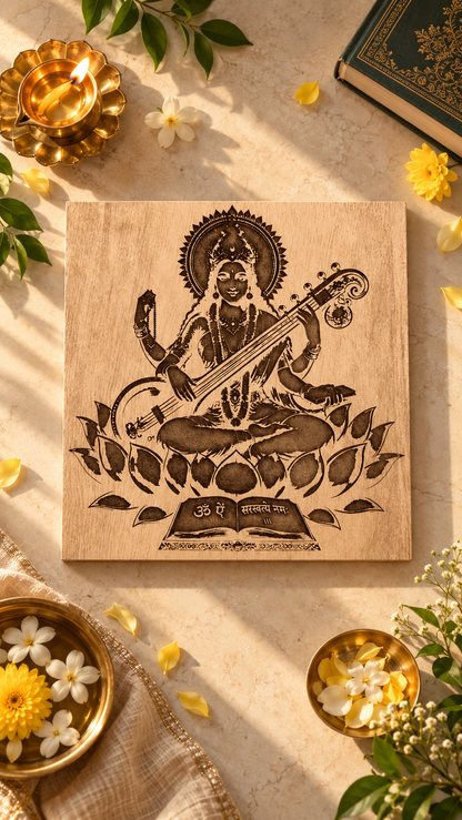 Maa Saraswati Wooden Wall Art – Premium Laminated MDF Goddess Saraswati with Veena, Lotus & Sacred Scripture | 3 mm