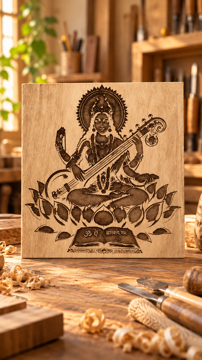 Maa Saraswati Wooden Wall Art – Premium Laminated MDF Goddess Saraswati with Veena, Lotus & Sacred Scripture | 3 mm