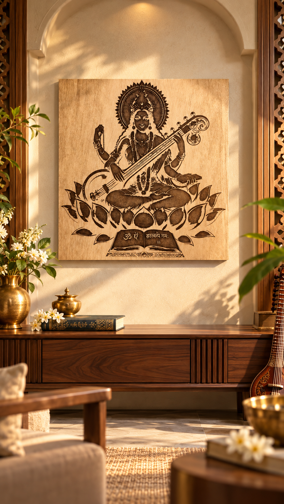 Maa Saraswati Wooden Wall Art – Premium Laminated MDF Goddess Saraswati with Veena, Lotus & Sacred Scripture | 3 mm