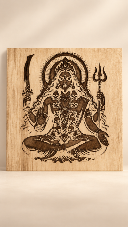 Maa Kali Wooden Wall Art – Premium Laminated MDF Goddess Kali with Sword & Trishul | Hindu Spiritual Wall Décor | 3 mm
