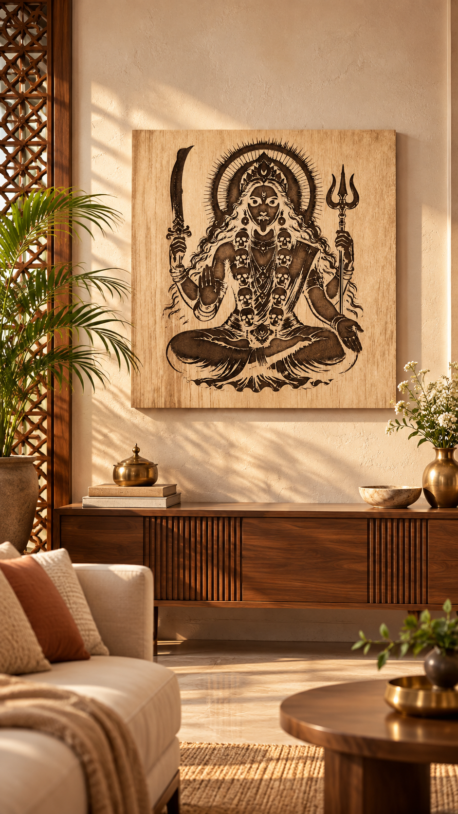 Maa Kali Wooden Wall Art – Premium Laminated MDF Goddess Kali with Sword & Trishul | Hindu Spiritual Wall Décor | 3 mm