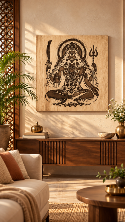 Maa Kali Wooden Wall Art – Premium Laminated MDF Goddess Kali with Sword & Trishul | Hindu Spiritual Wall Décor | 3 mm