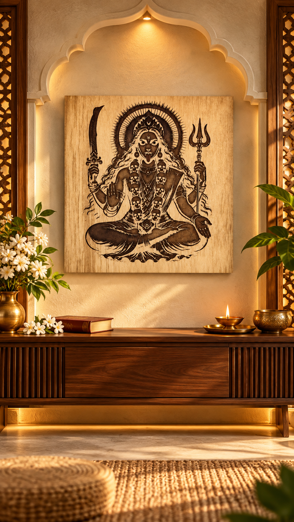 Maa Kali Wooden Wall Art – Premium Laminated MDF Goddess Kali with Sword & Trishul | Hindu Spiritual Wall Décor | 3 mm